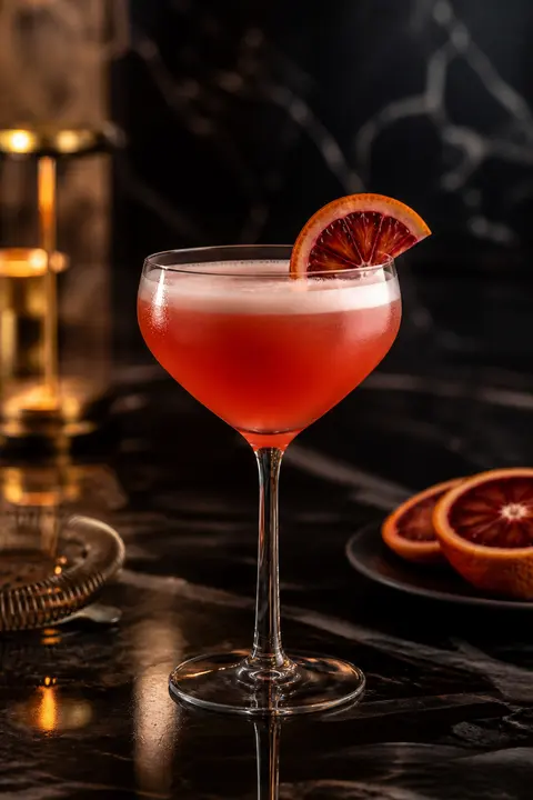 Blood Orange Gin Sour at a Moody Marble Bar