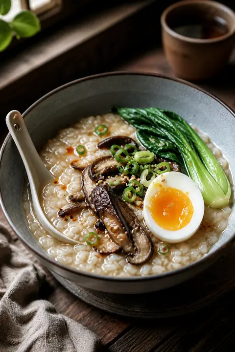Mushroom Congee with Jammy Egg and Bok Choy