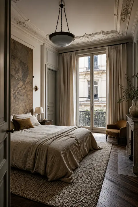 Parisian Classic Bedroom: Linen Bedding and Rug