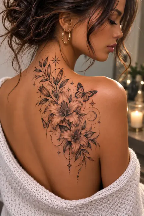 Lily Butterfly Crescent Moon Back Tattoo