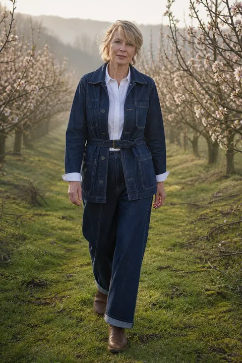 Dark Denim Workwear in a Spring Orchard