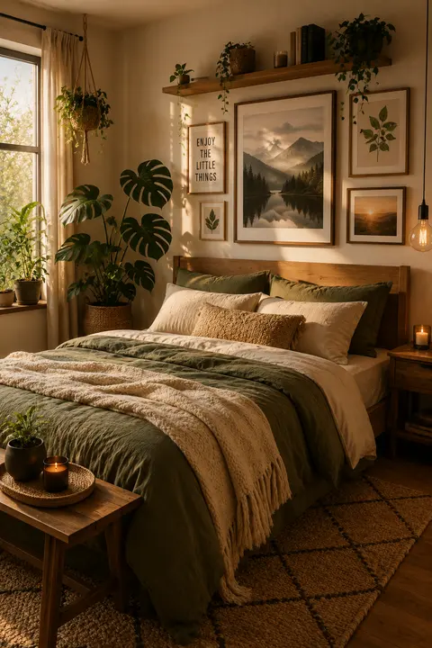 Olive Green Bedroom with Cozy Boho Details