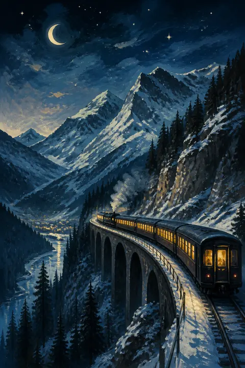 Gouache: Night Train through Snowy Mountains