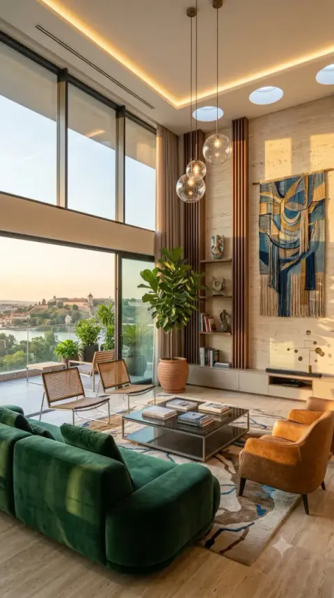 Green Velvet Sofa Living Room With Travertine Wall