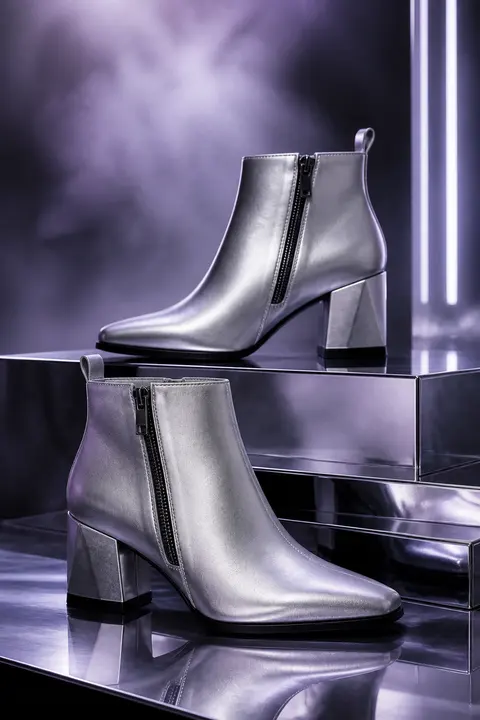 Silver Metallic Ankle Boots with Block Heels