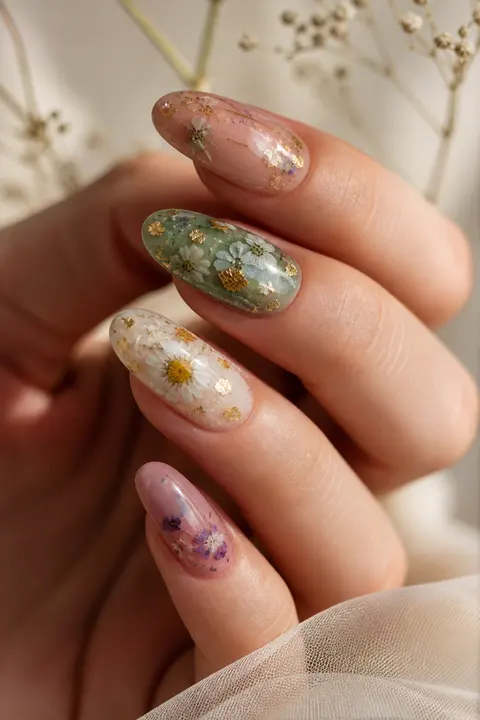 Pressed Flower Gel for Long Oval Nails