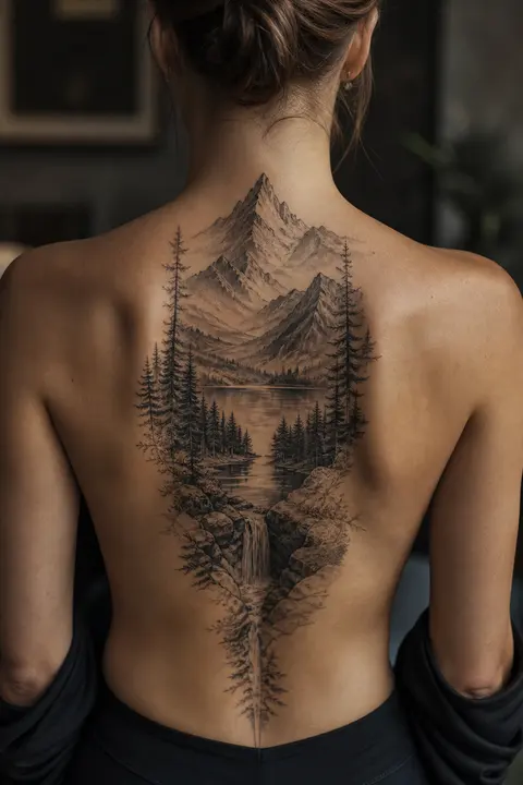 Upper Back Placement — Realistic Mountain Landscape Tattoo