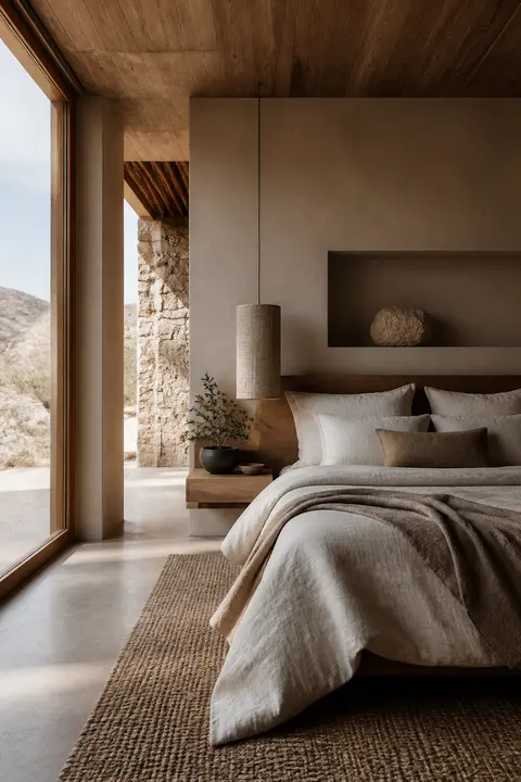 Desert Modern Bedroom: Linen Bedding and Rug