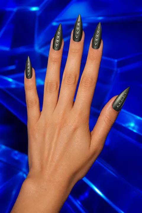Gunmetal Stiletto Nails with Metallic Studs