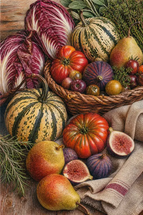Autumn Harvest Still Life with Figs and Squash