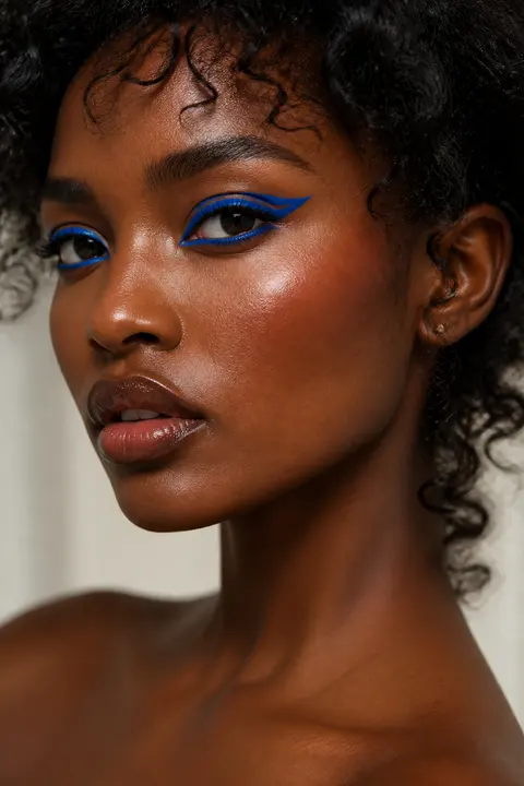 Graphic Cobalt Eyeliner on Deep Skin and Curls