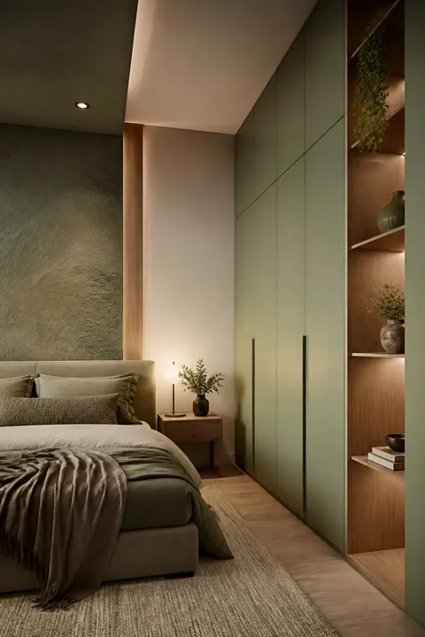 Serene Sage Bedroom Featuring Wardrobe and Ambient Light