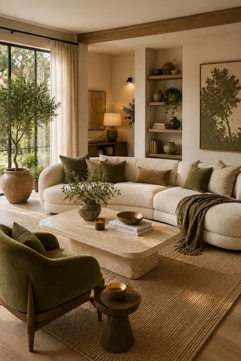 Warm Organic Modern Living Room with Olive Green Accents