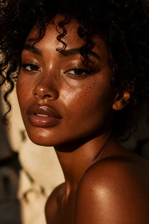 Bronze Sun-Kissed Freckles on Deep Skin and Curls
