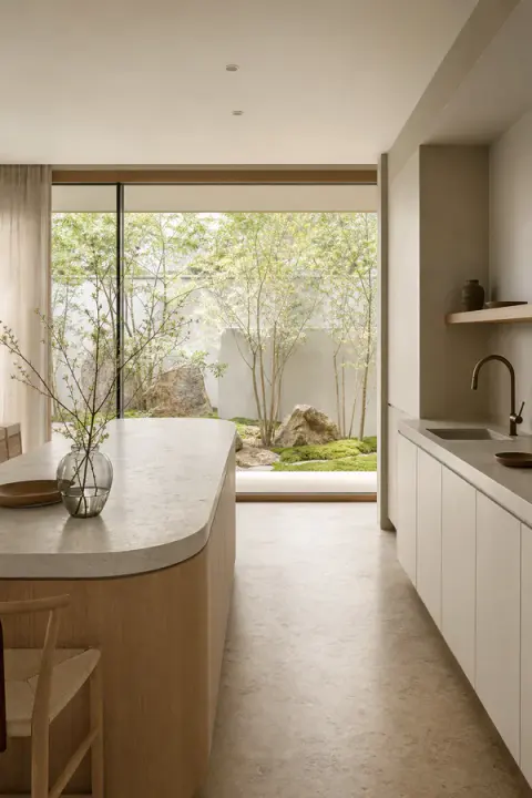 Japandi Kitchen Facing Moss Garden