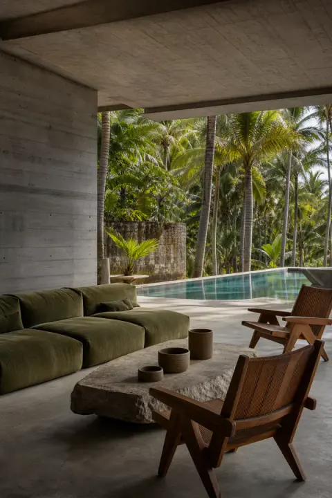 Tropical Brutalist Poolside Living Room