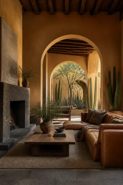 Adobe Hacienda Living Room with Leather Sofas