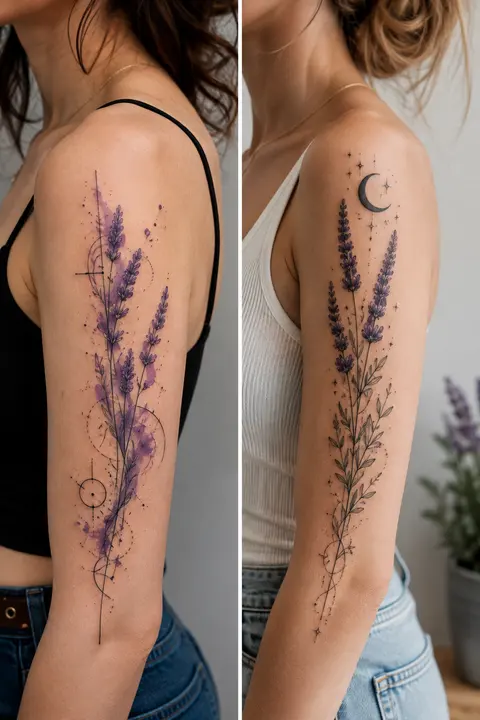 Two Lavender Shoulder Tattoos with Fine Line Details