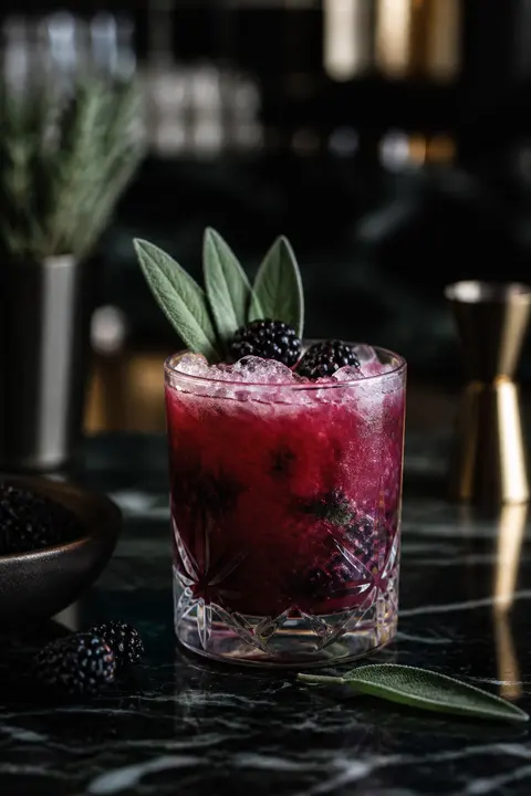 Blackberry Sage Smash at a Moody Marble Bar
