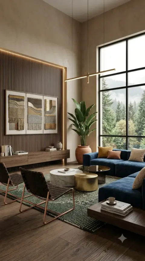 Navy Sectional Living Room With Forest Views