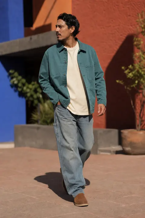 Teal Chore Jacket with Relaxed Faded Denim