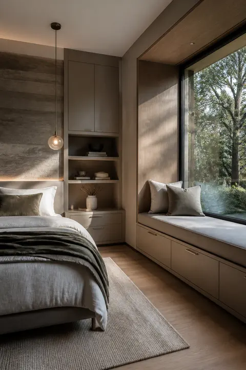 Window Seat Storage in Quiet Luxury Bedroom