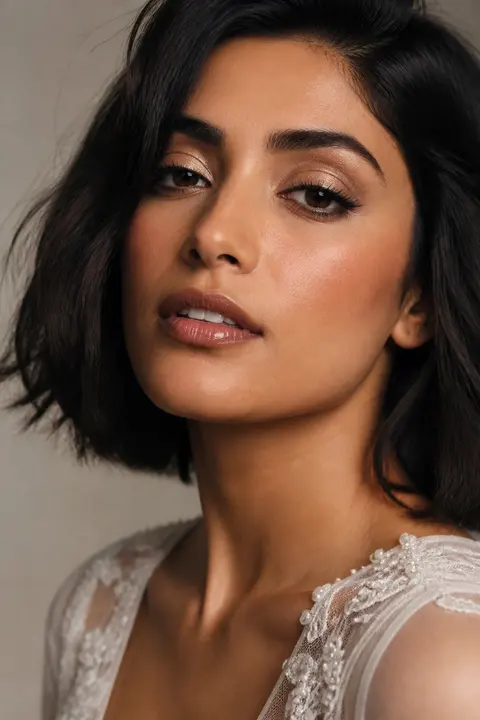 Champagne Bridal Eye: Olive Skin and Dark Bob