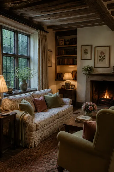 Layered English Country Living Room with a Fire