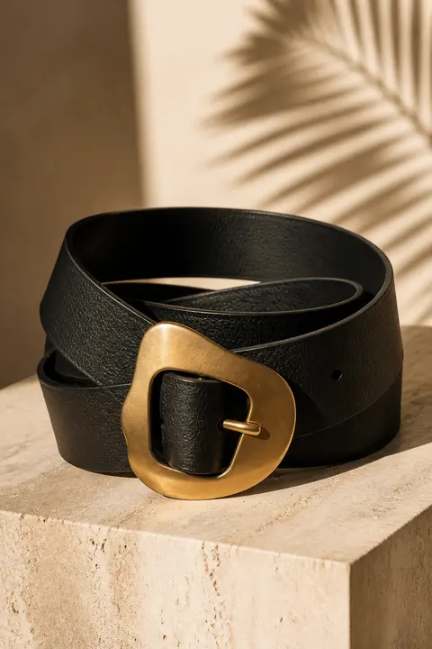 Black Leather Belt with Brass Buckle