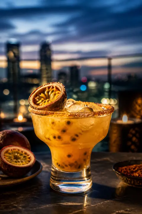 Blue-Hour Rooftop Passion Fruit Mezcal Margarita