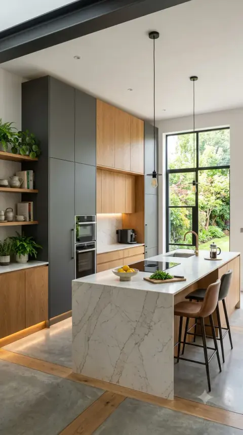 Modern Minimalist Kitchen Design With Wooden Island