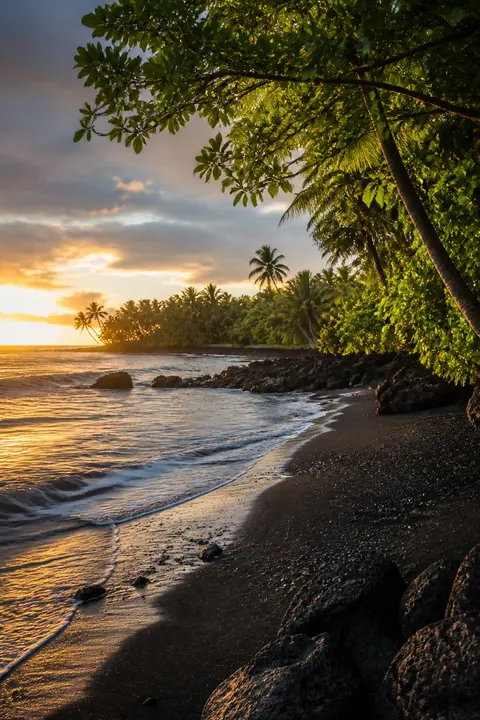 Hawaiian Black-sand Coast in Golden Light