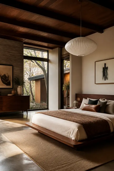 Mid-Century Walnut Bedroom with Platform Bed and Pendant