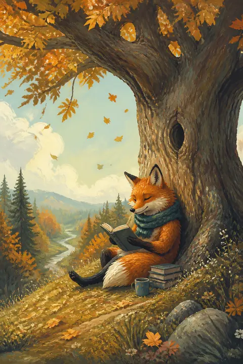 Gouache: Fox Reading beneath an Old Tree