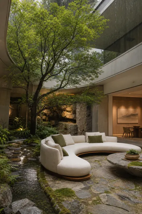 Circular Sofa in a Forest Atrium Living Room