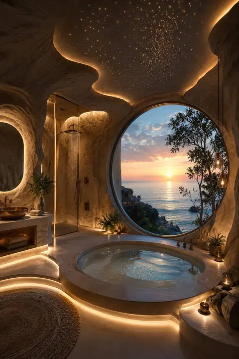 Luxury Cave Bathroom with Ocean Sunset View
