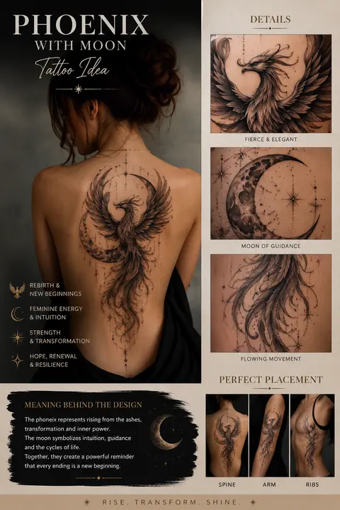 Phoenix and Crescent Moon Spine Tattoo with Fine Line Detail