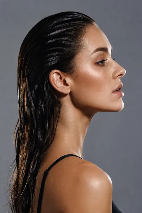 Slicked-Back Wet Look on Long Dark Hair