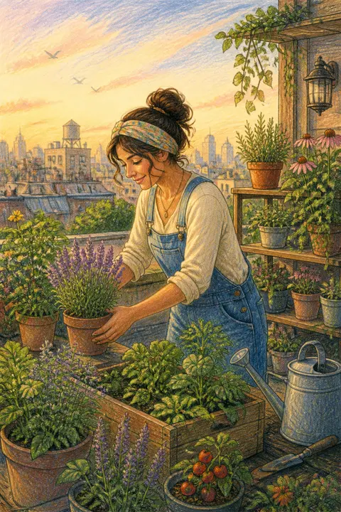 Colored Pencil: Woman Tending a Rooftop Garden