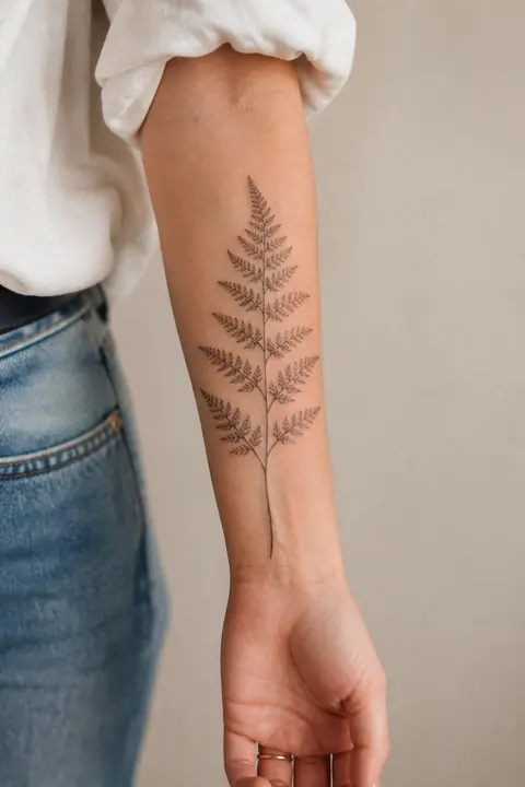 Fine-line Botanical Fern Tattoo on Inner Forearm