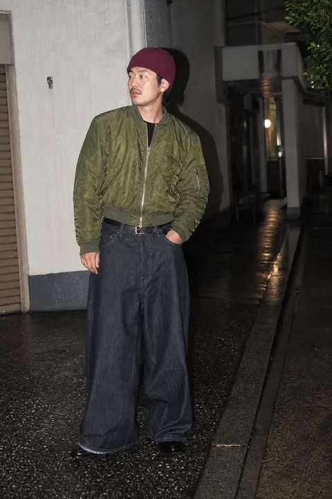 Olive Bomber with Extra-Wide Indigo Jeans