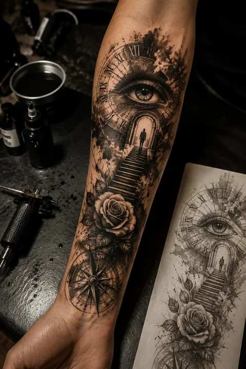 Surreal Eye and Clock Forearm Tattoo Design