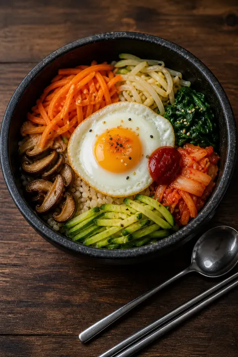 Vegetable Bibimbap with a Fried Egg