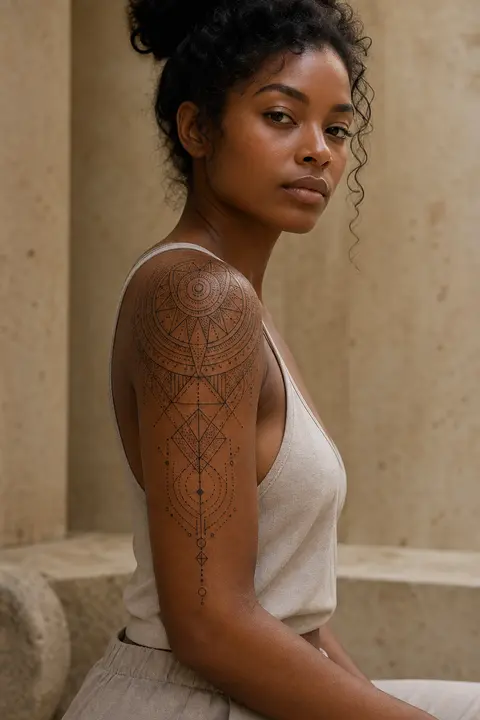 Geometric Mandala Shoulder Tattoo