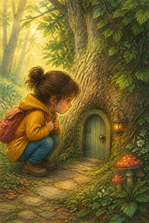Colored Pencil: Child Discovering a Tiny Door