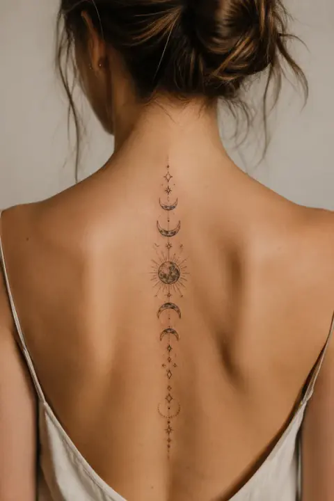 Fine-Line Moon Phases Spine Tattoo with Stars
