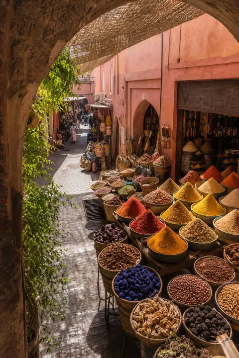 Marrakech Spice Market Beneath Rose Walls