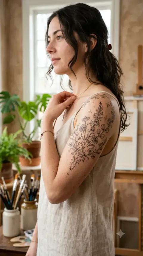Wildflower Shoulder Sleeve Tattoo