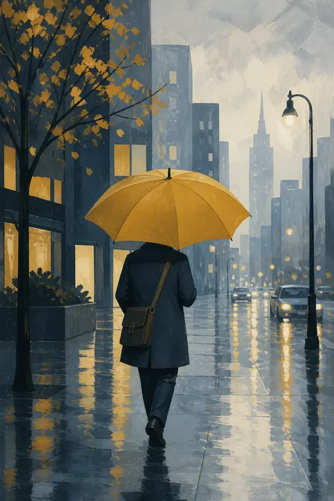 Yellow Umbrella on a Rainy City Street