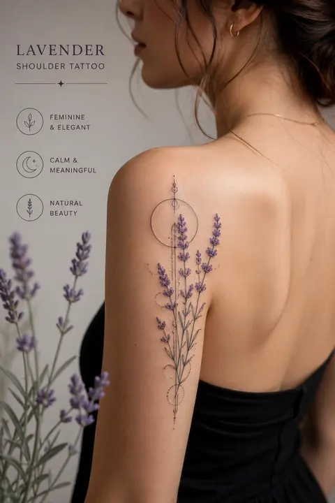 Lavender Shoulder Tattoo with Fine Line Botanical Detail